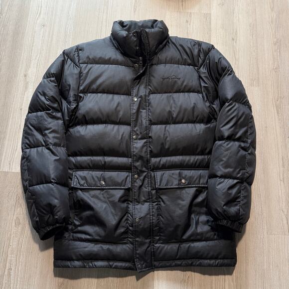 Men's Eddie Bauer Premium Quality Goose Down Black Parka Puffer Jacket Sz Medium - Picture 1 of 8